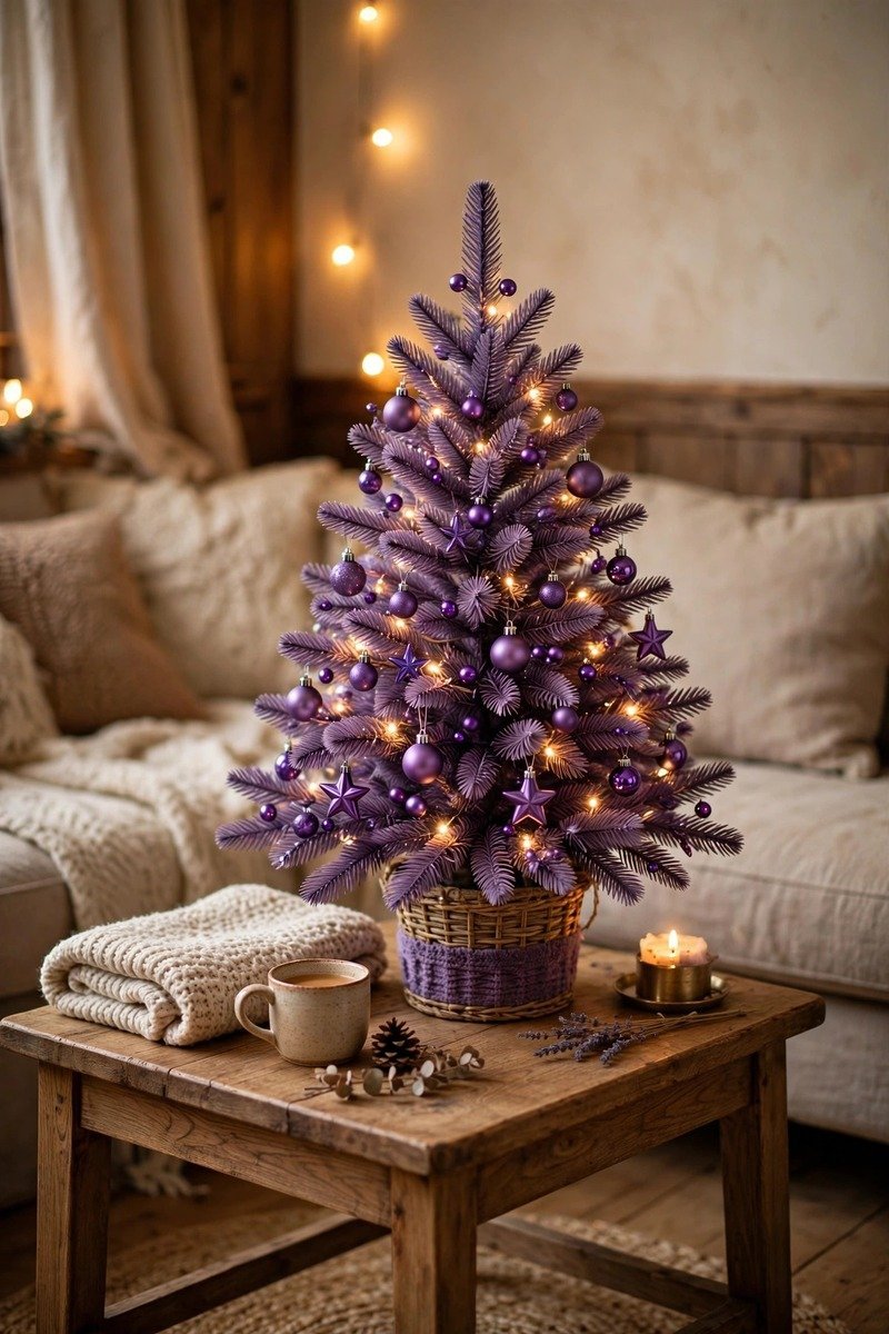 Small purple tabletop Christmas tree on a side table with tiny ornaments