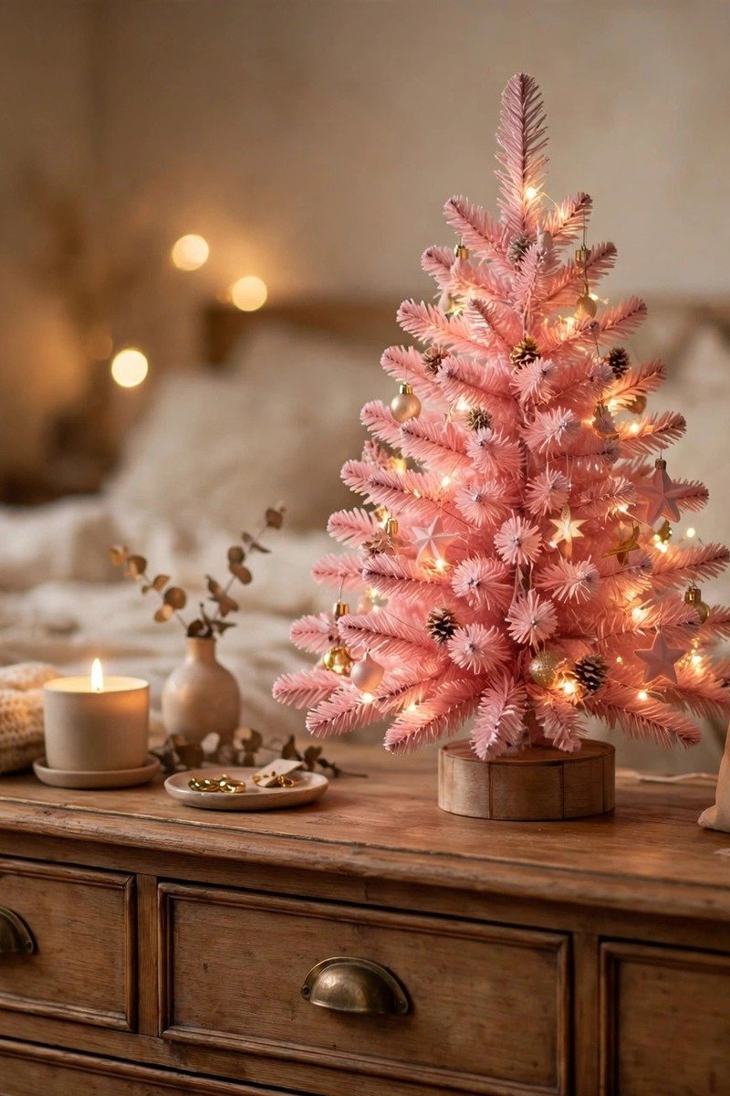 Mini pink Christmas tree on a bedroom dresser with tiny lights