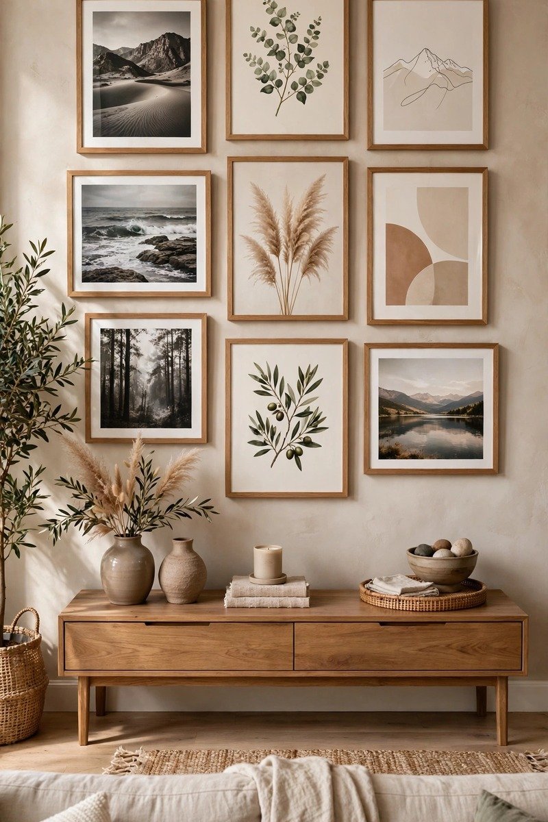 Living room gallery wall with mixed framed art and photos above a console table