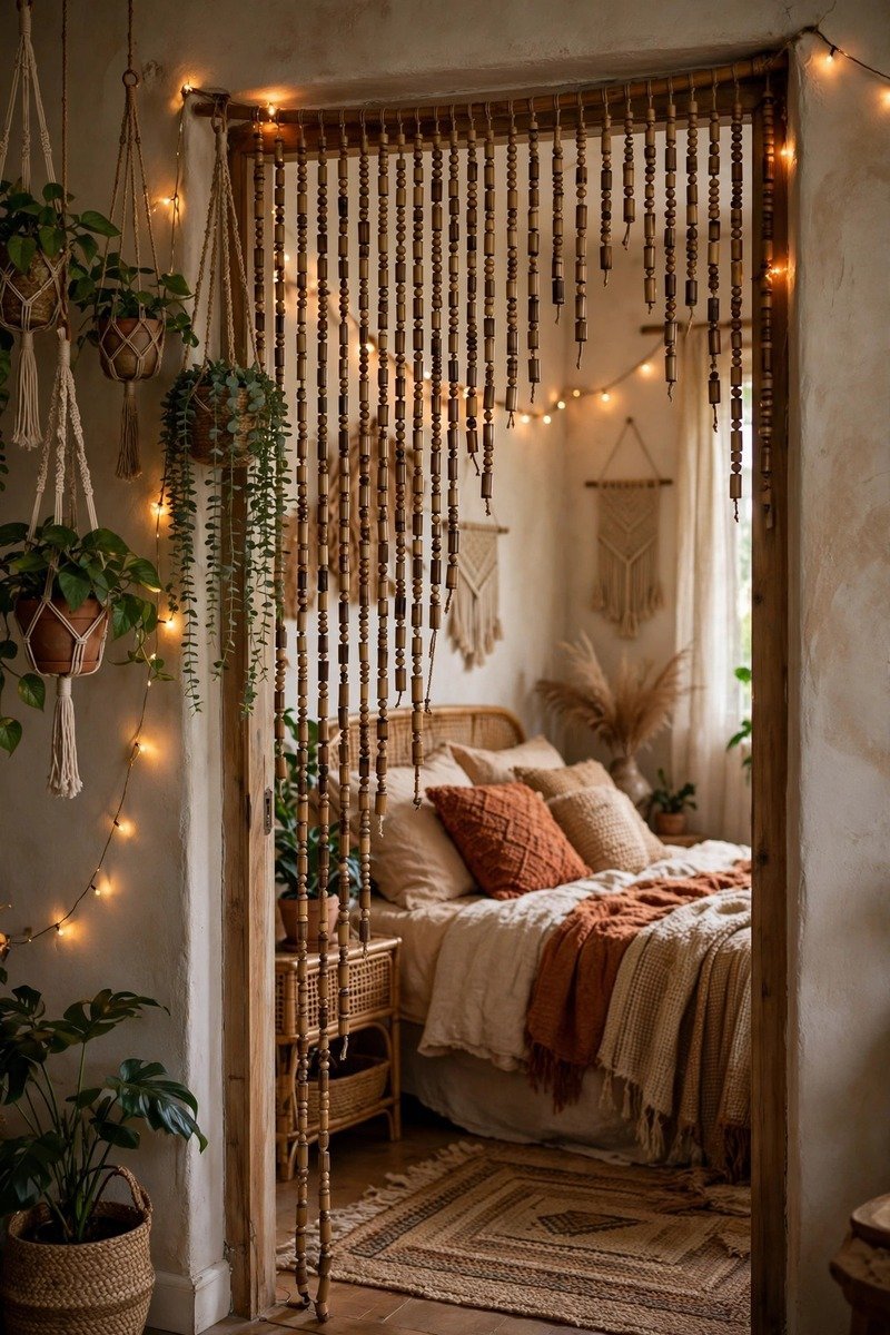 Boho bedroom doorway dressed with a natural bamboo beaded curtain and plants