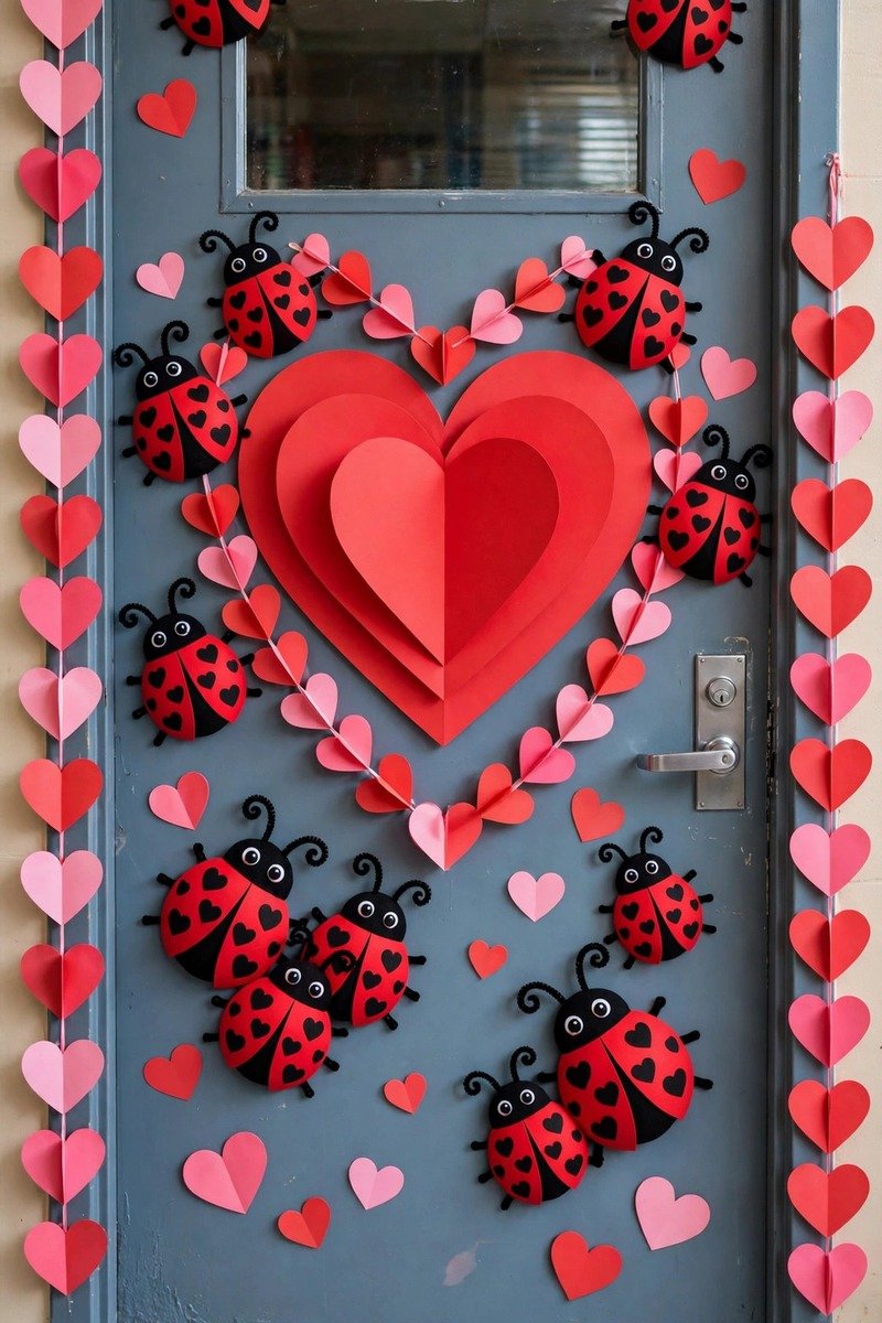 Classroom door with ladybugs that have heart-shaped spots