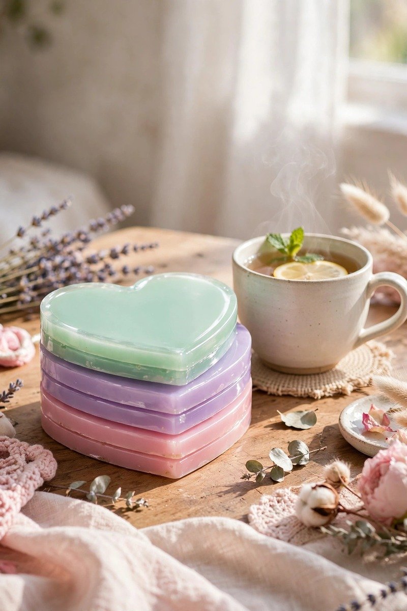 Pastel resin coasters shaped like conversation hearts