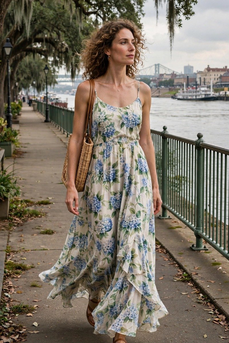 Woman in a flowing maxi sundress by the river