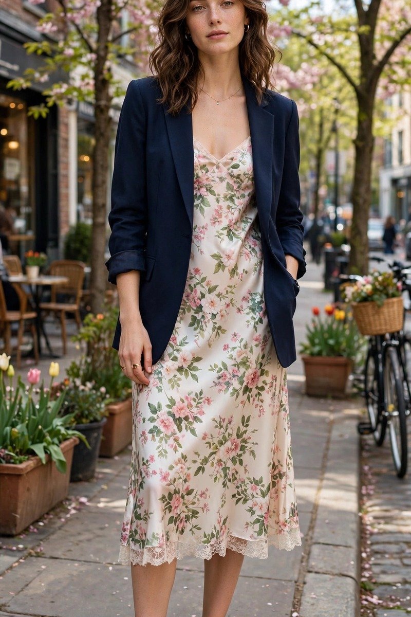 Navy blazer worn open over a floral slip dress with white sneakers