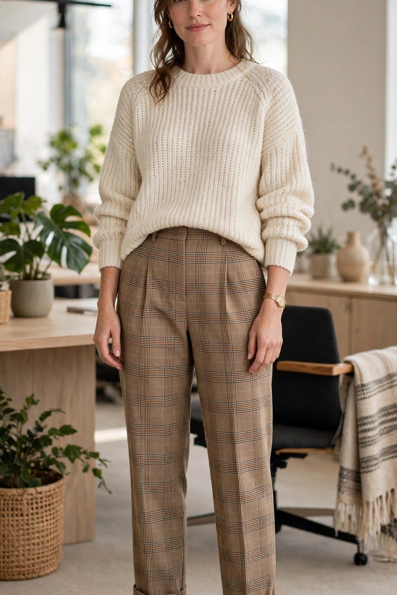 Woman in cream sweater and plaid trousers