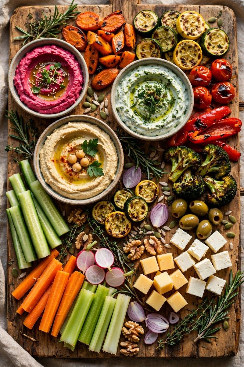 Vegetarian charcuterie board with colorful vegetables