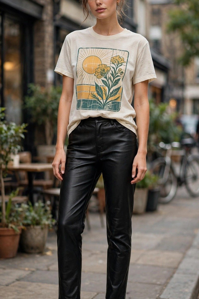 Woman in leather pants with graphic tee