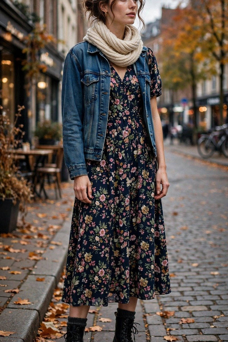 Woman in combat boots with floral dress