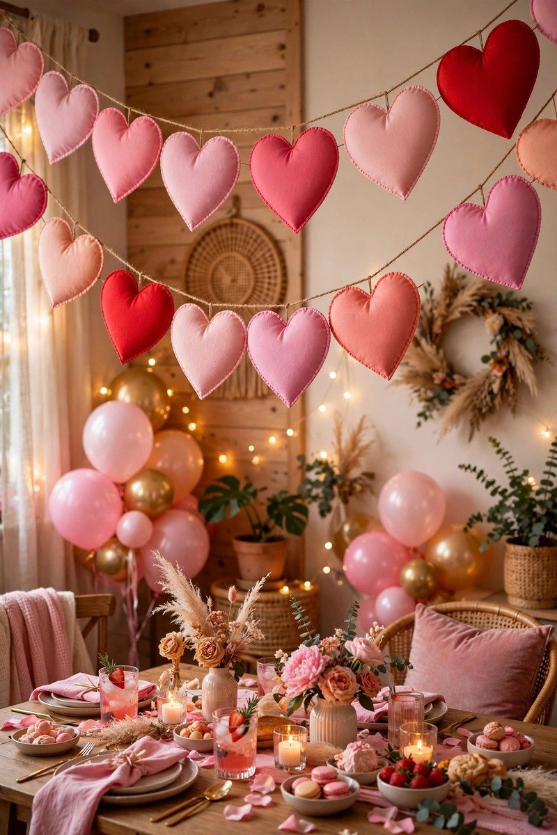 Oversized conversation heart garland across a room