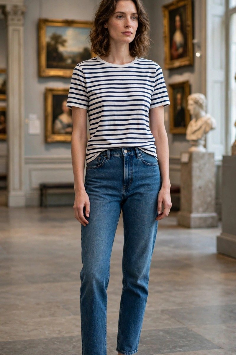 Woman in striped top, jeans, and flats at a museum