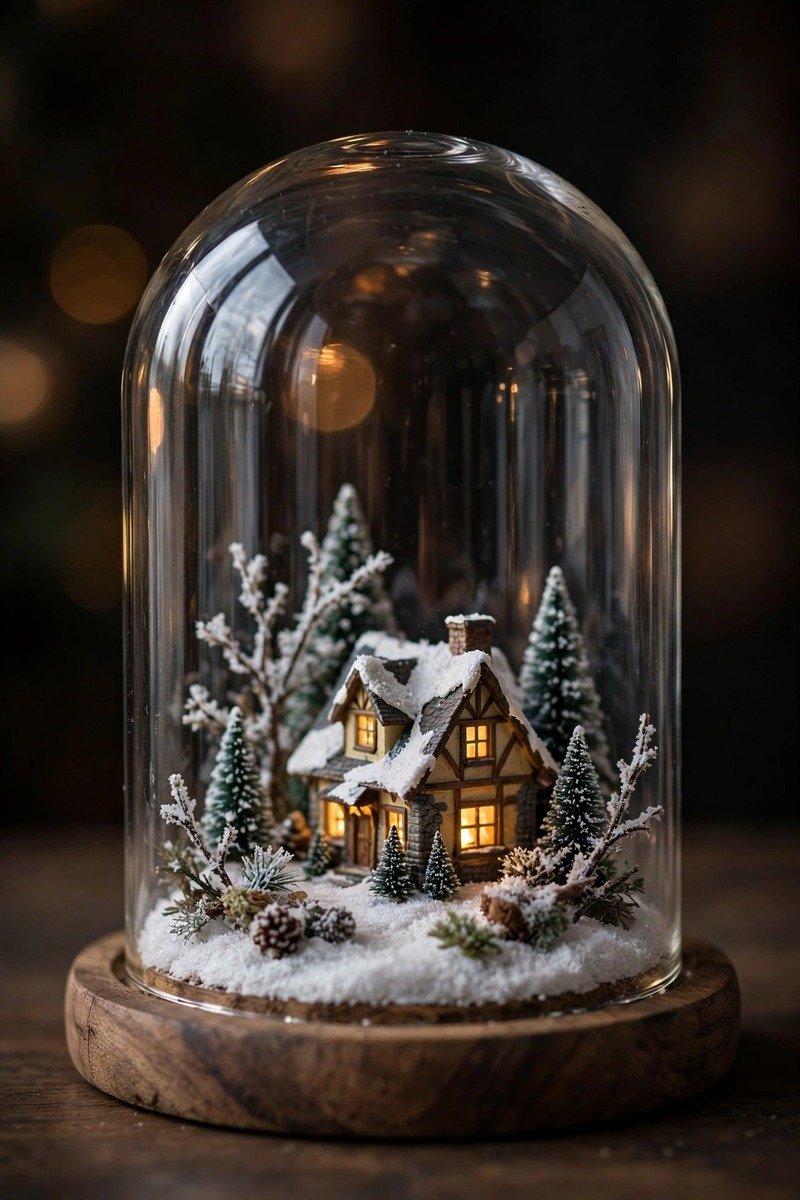 Miniature Christmas village house under a glass cloche