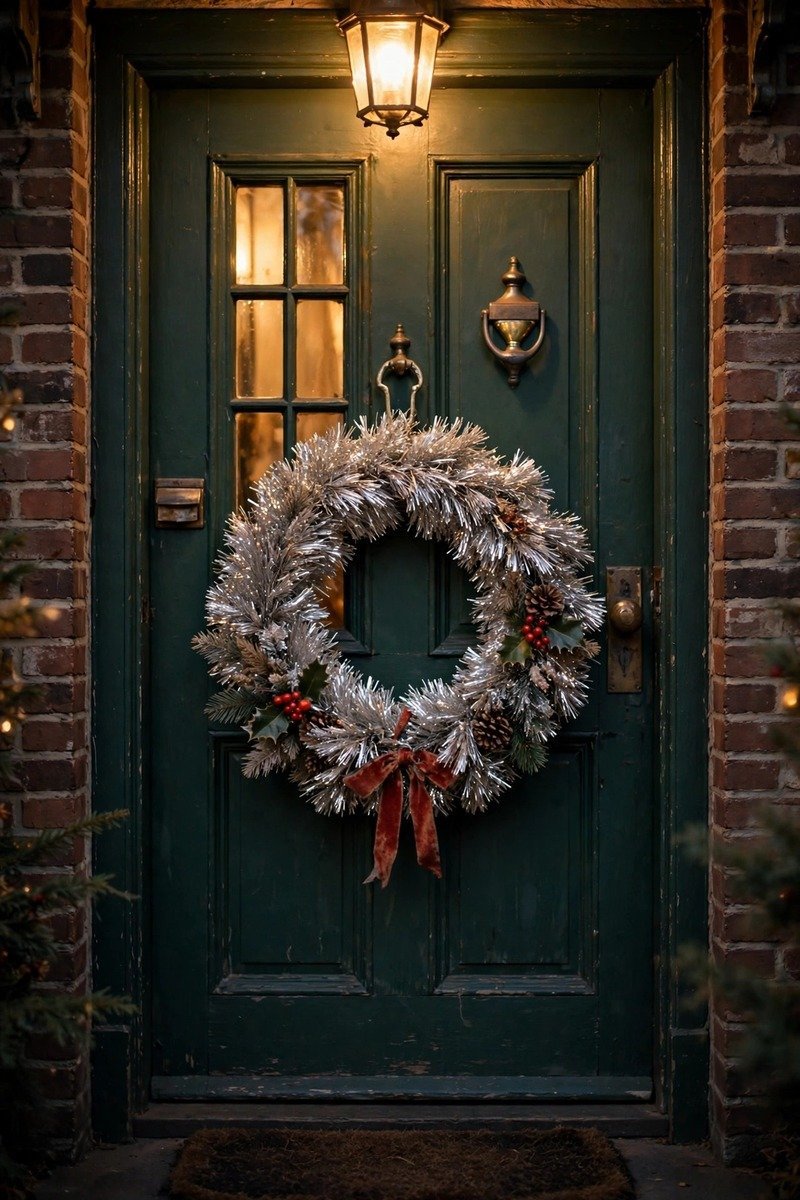 Vintage silver tinsel Christmas wreath in retro style