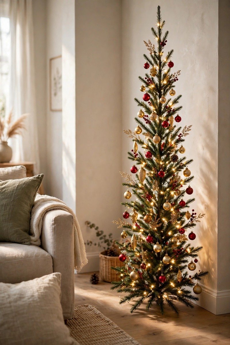 Slim pencil Christmas tree in a living room corner with ornaments