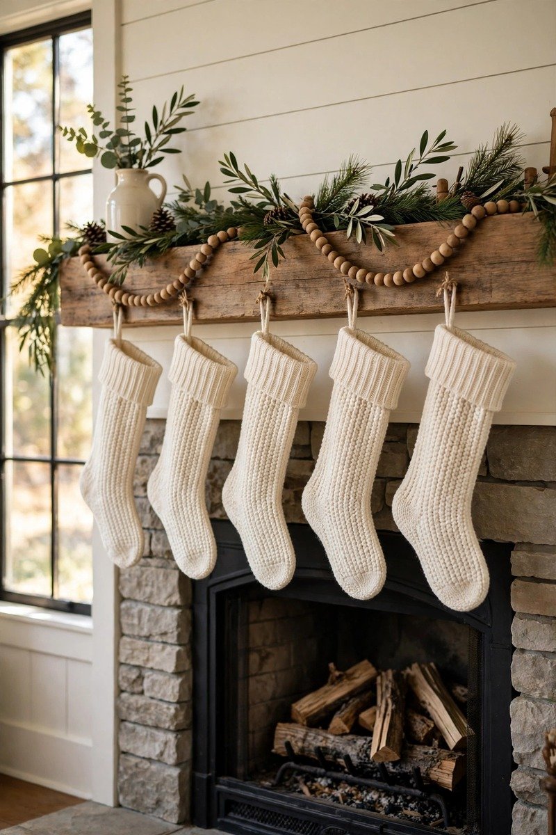 Farmhouse Christmas mantle with wooden bead garland and knit stockings