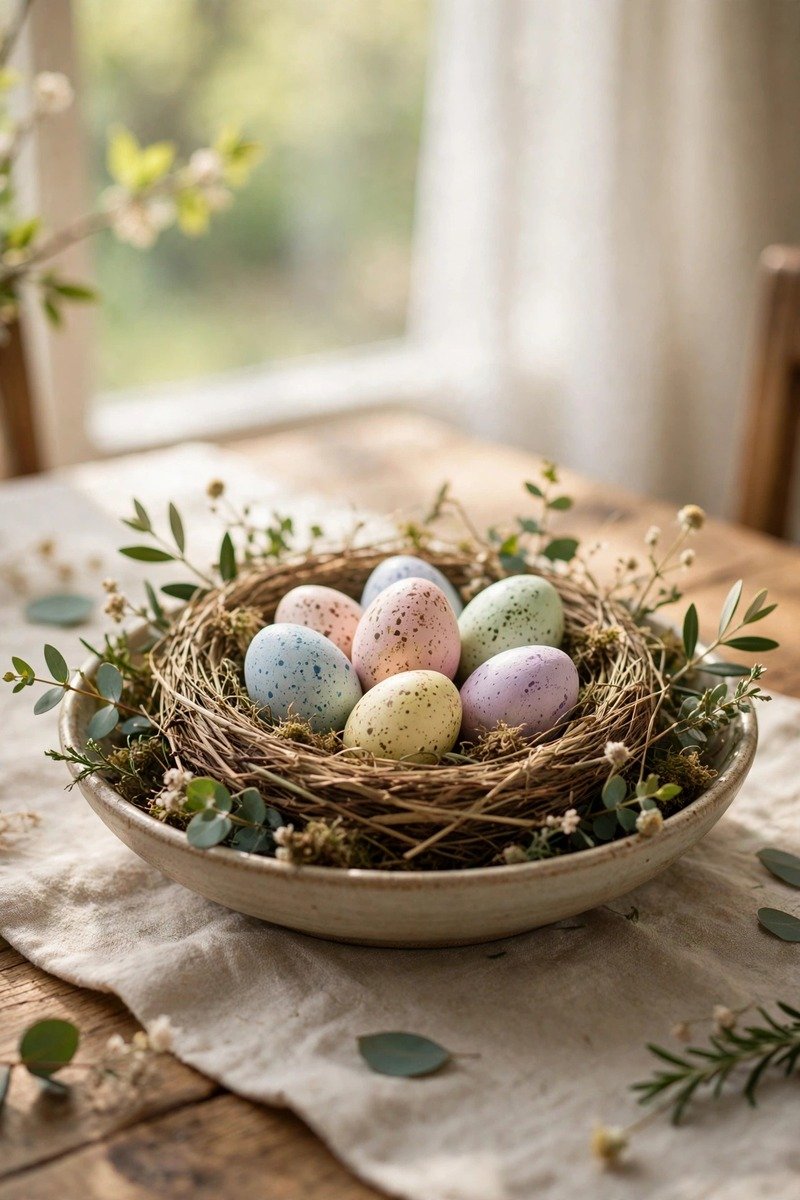 Speckled eggs in a nest lined bowl centerpiece