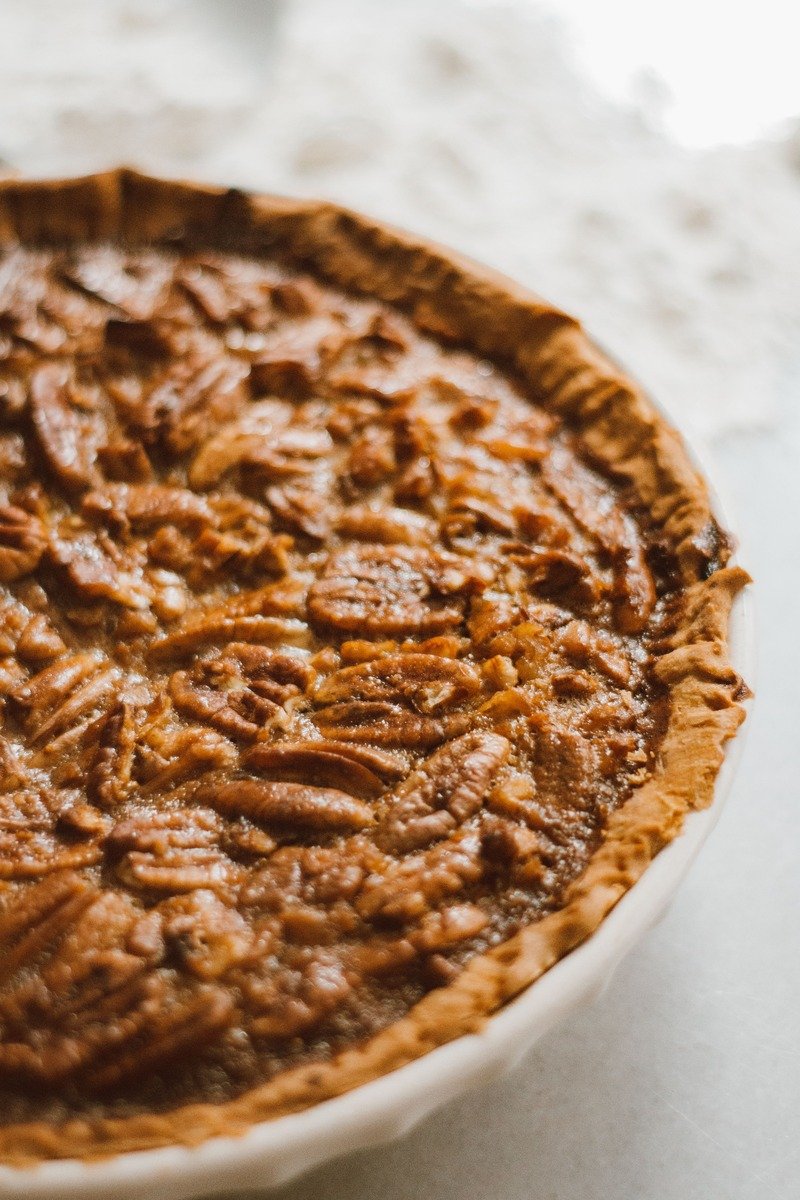 Classic pecan pie with whole pecans on top