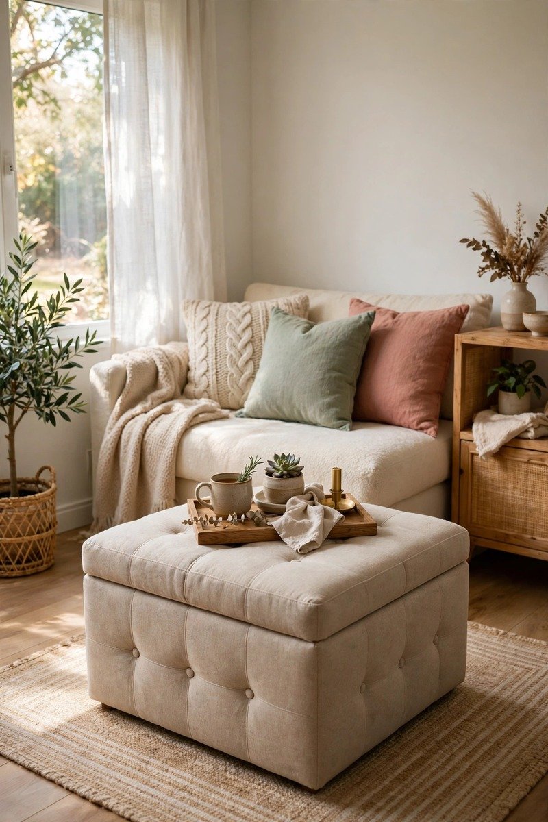 Small living room with a storage ottoman as a coffee table