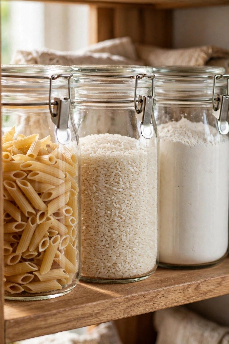 Clear containers of pasta rice and flour on a pantry shelf