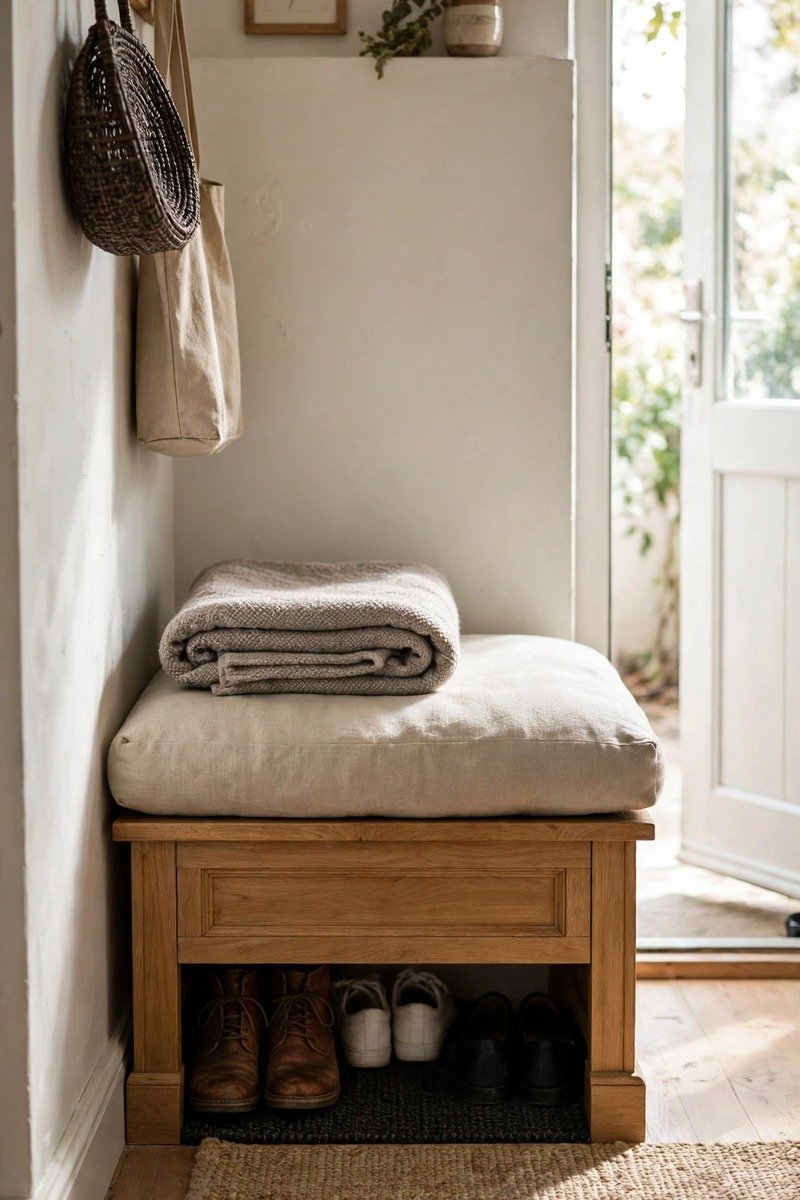 Storage bench with cushion in a small entryway