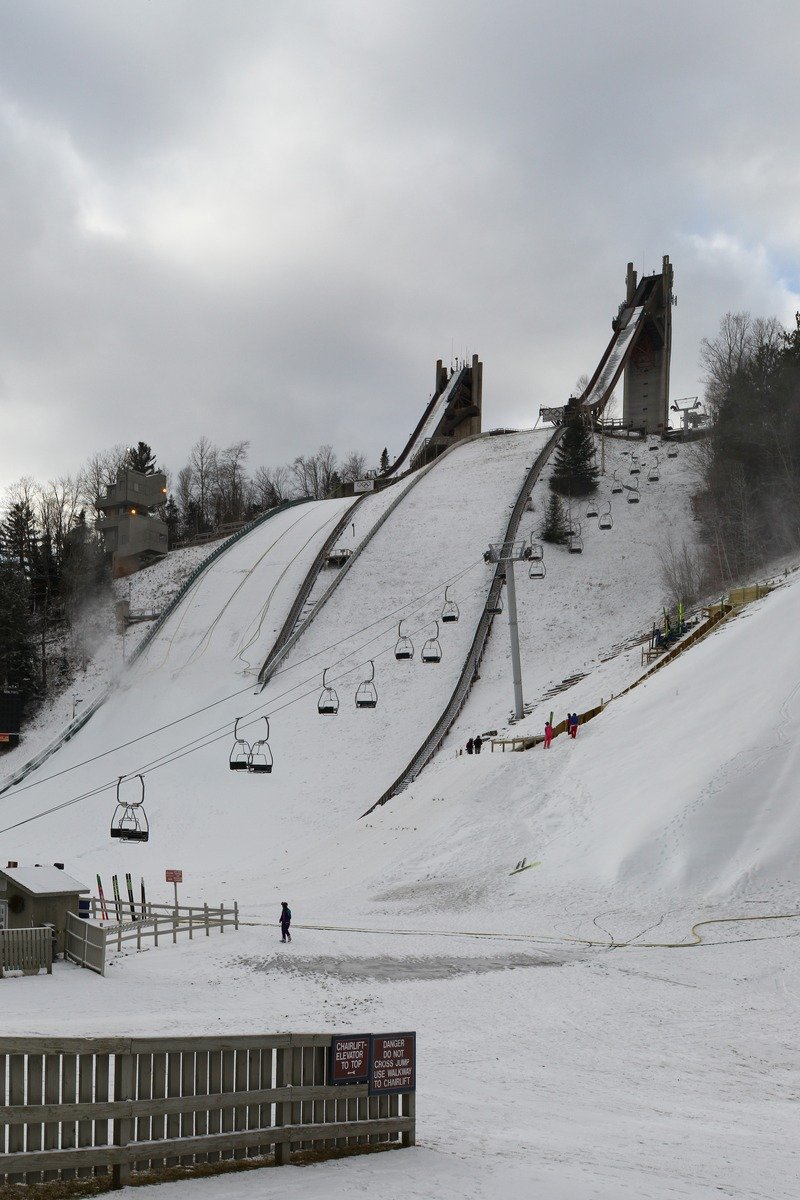 Lake Placid New York in winter with Olympic ski jumps