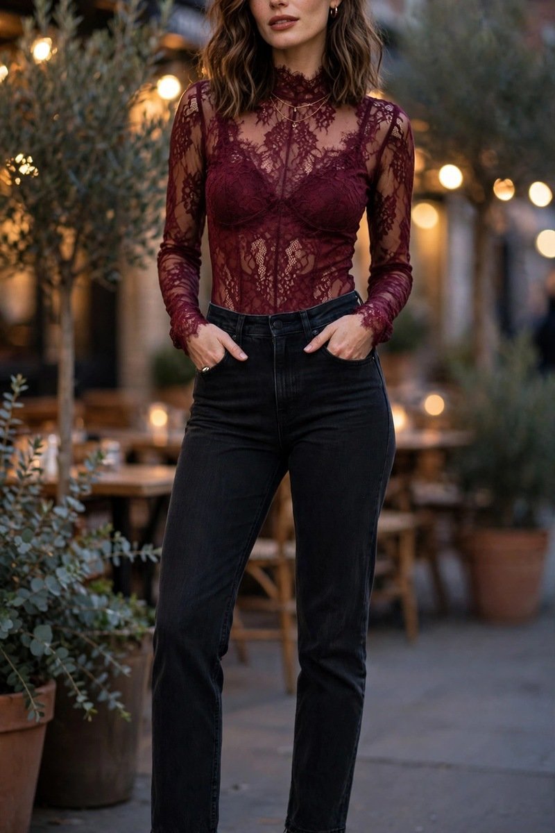 burgundy lace bodysuit date night outfit