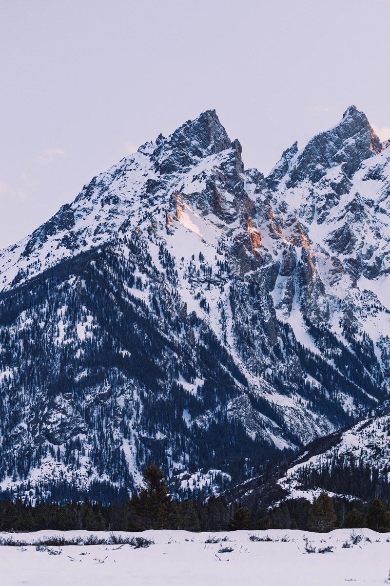 The snow-covered Grand Teton range glowing at sunrise