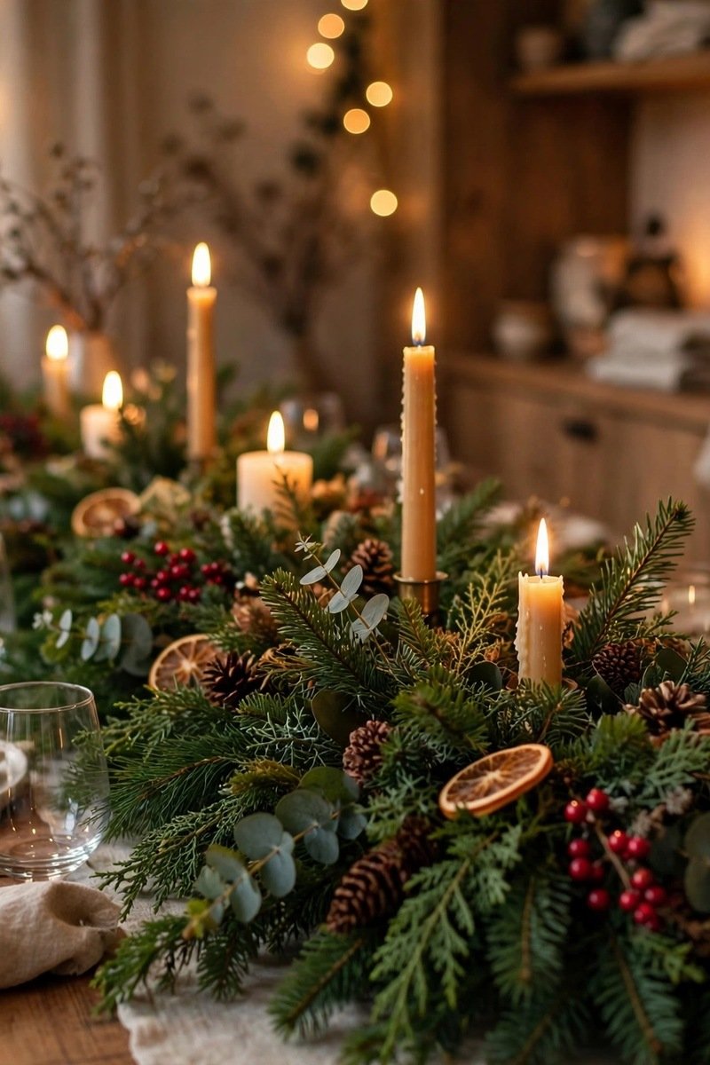 evergreen garland runner Christmas table centerpiece