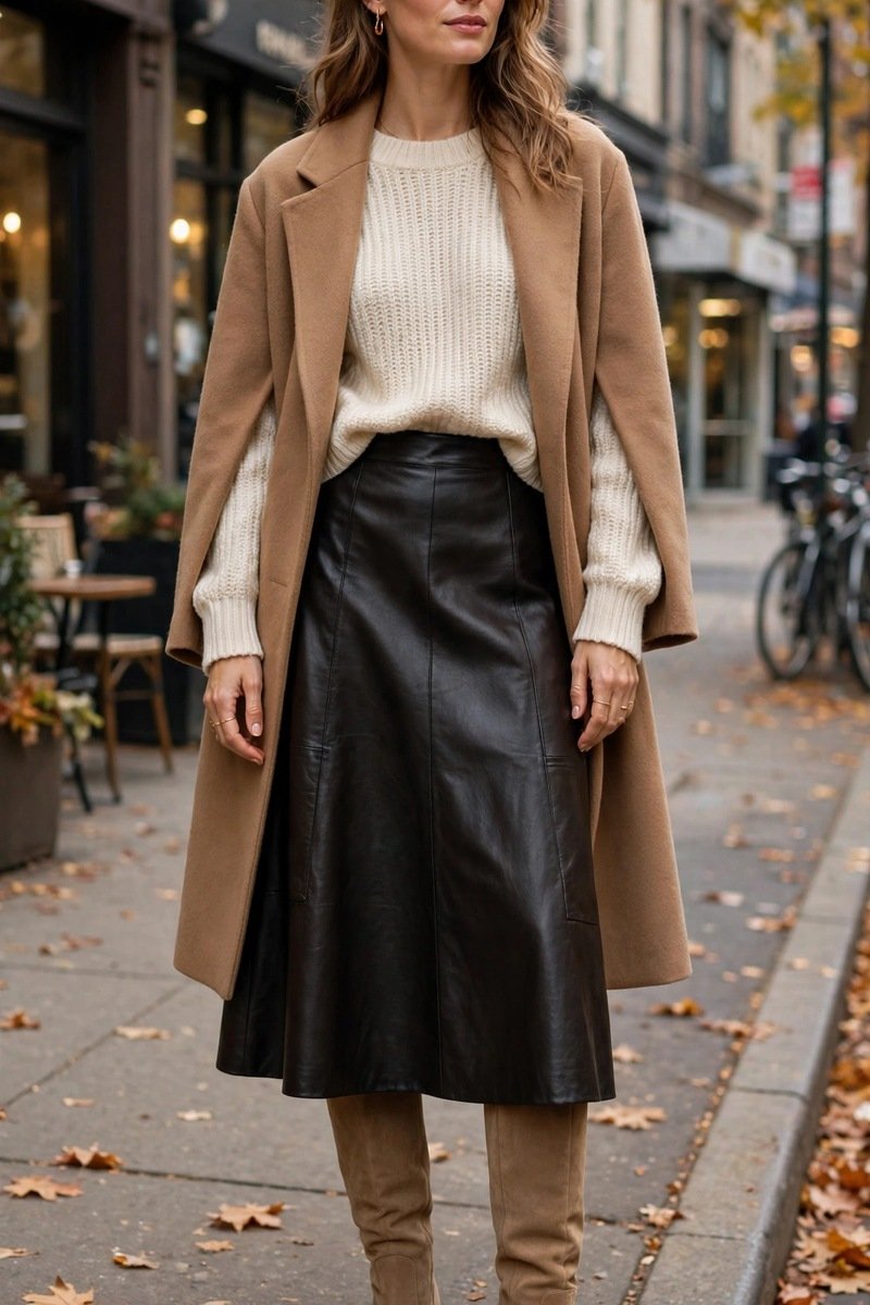 black midi leather skirt with tan suede boots and a cream knit