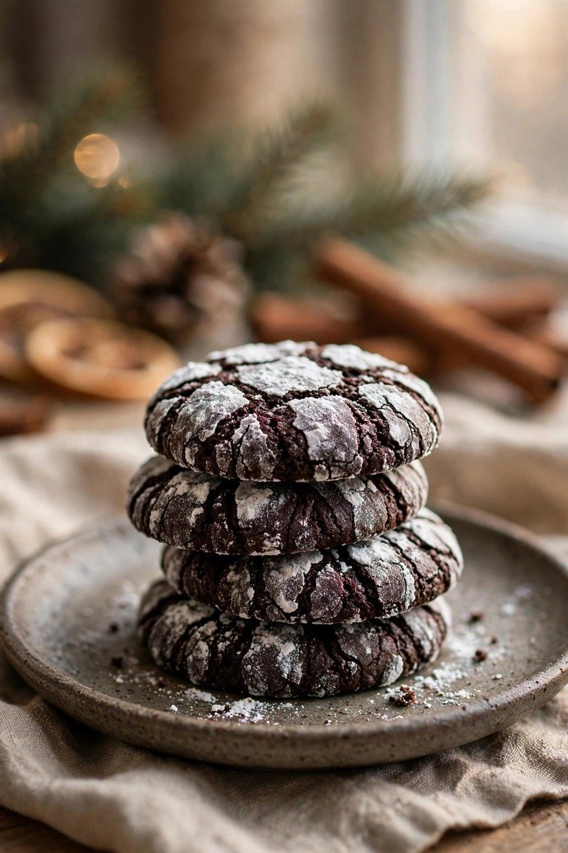 Double chocolate crinkle Christmas cookies with powdered sugar cracks