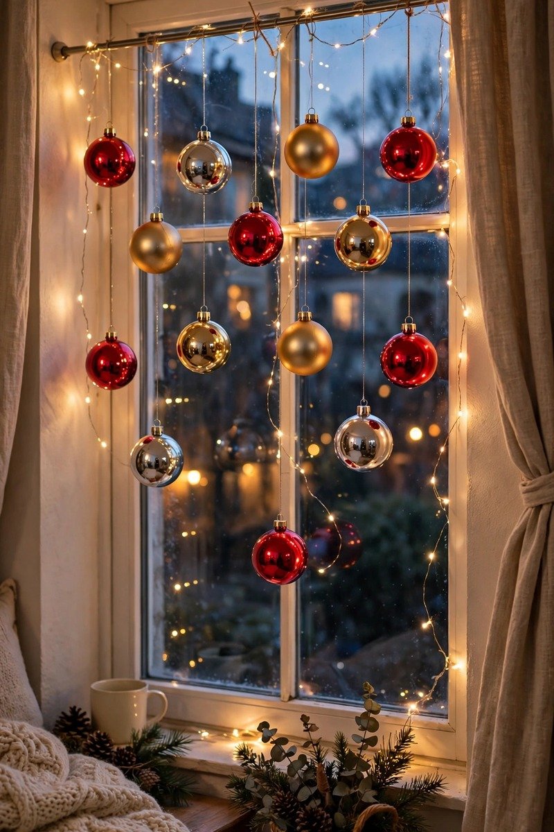 Christmas ornaments hanging from a tension rod in a window