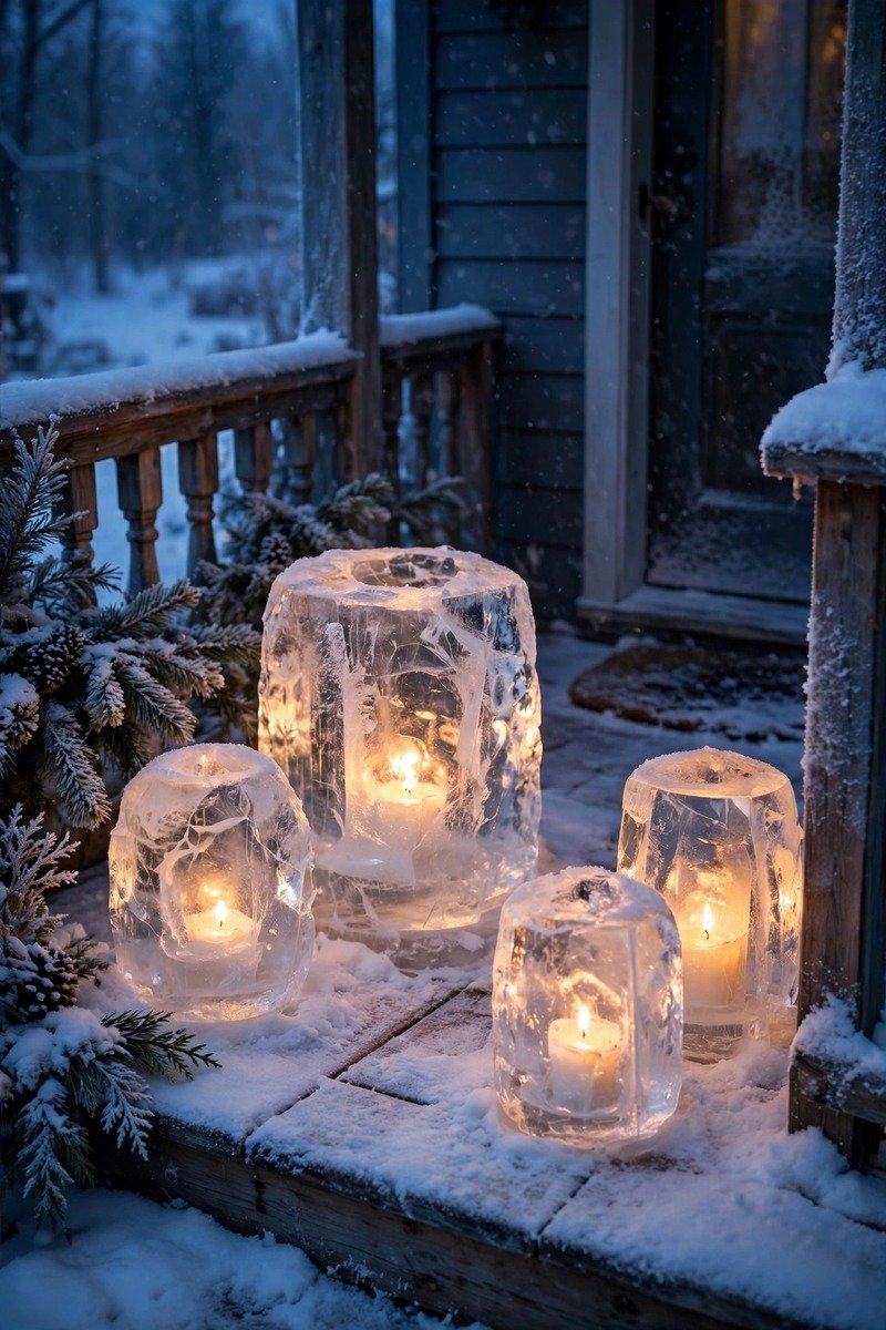 Ice lanterns glowing on a snowy porch