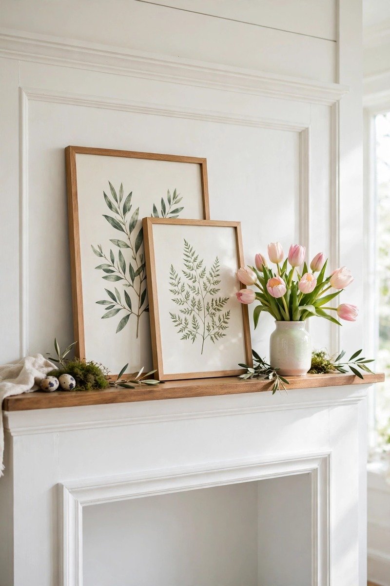 Botanical prints leaning on a mantel
