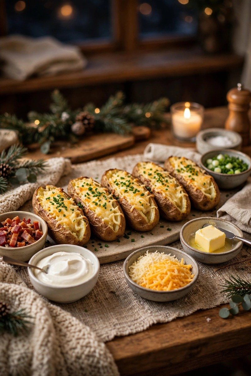 Baked potatoes with toppings on a table