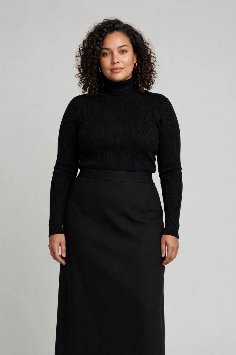 Black midi skirt with a fitted turtleneck