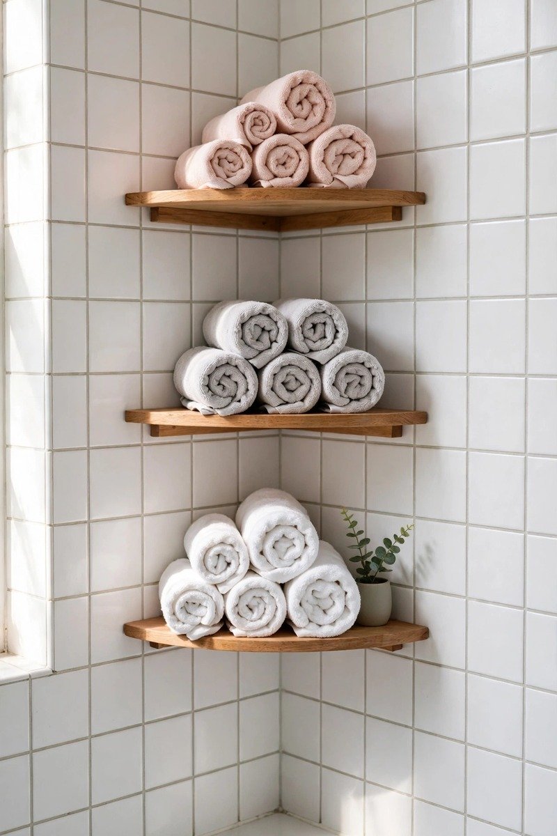 Corner shelves with rolled towels in a bathroom