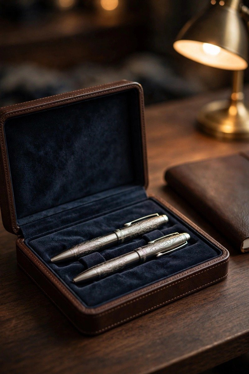 Engraved metal pen set in case