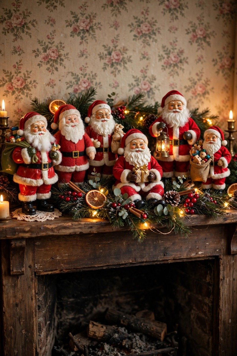 Vintage Santa figurine collection on mantel