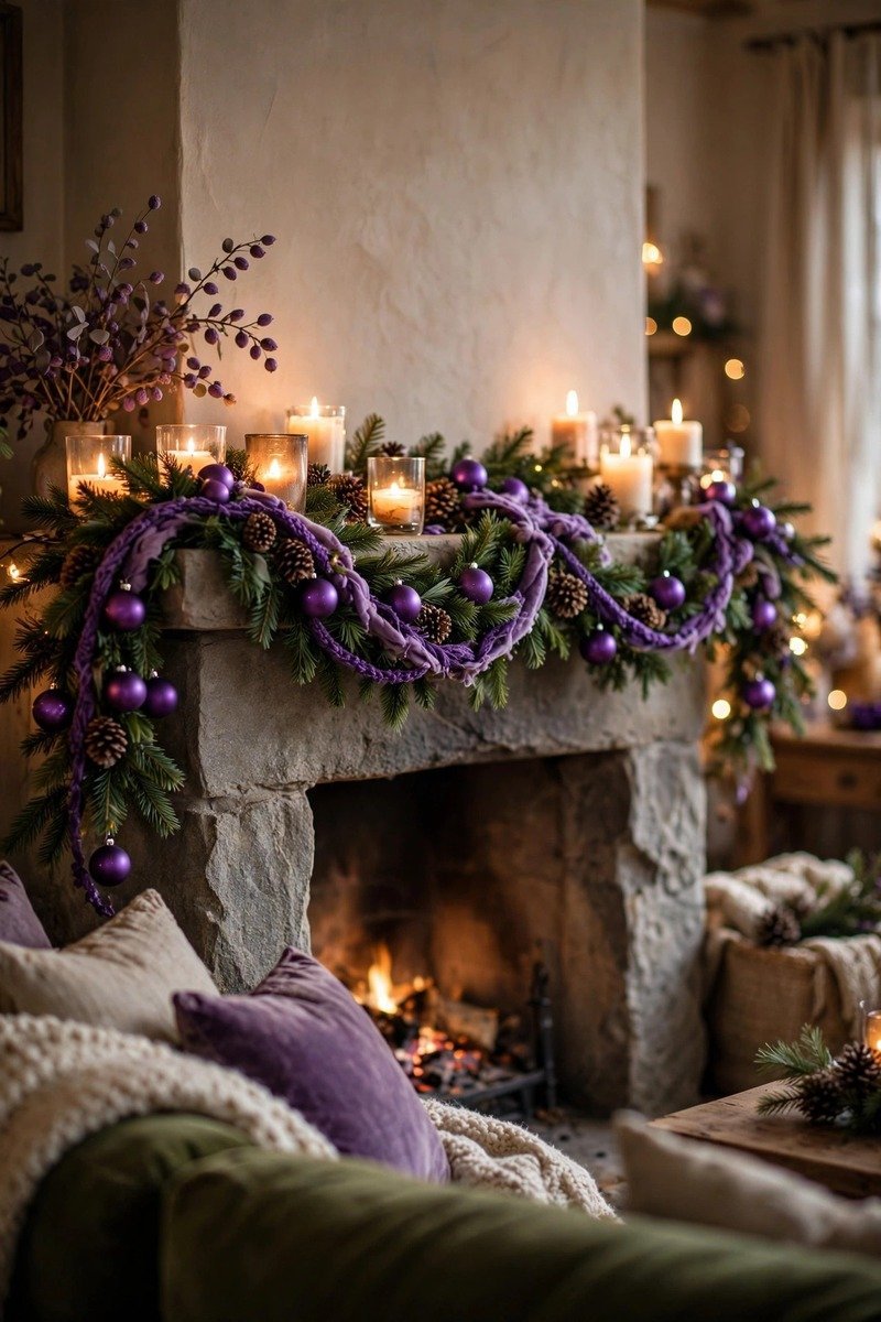 Fireplace mantel decorated with purple garland, pinecones and candles