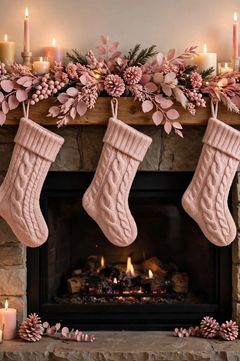 Fireplace mantel with pink garland, blush stockings and candles