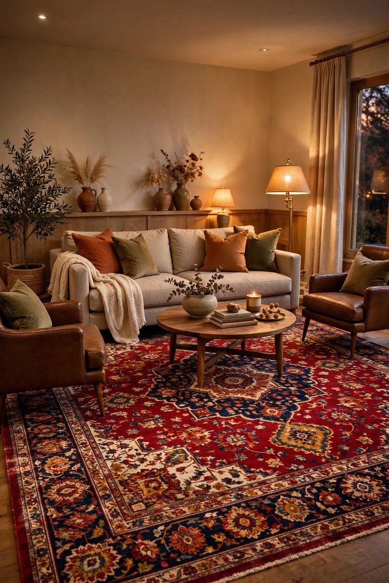 Living room anchored by a large patterned area rug under the coffee table
