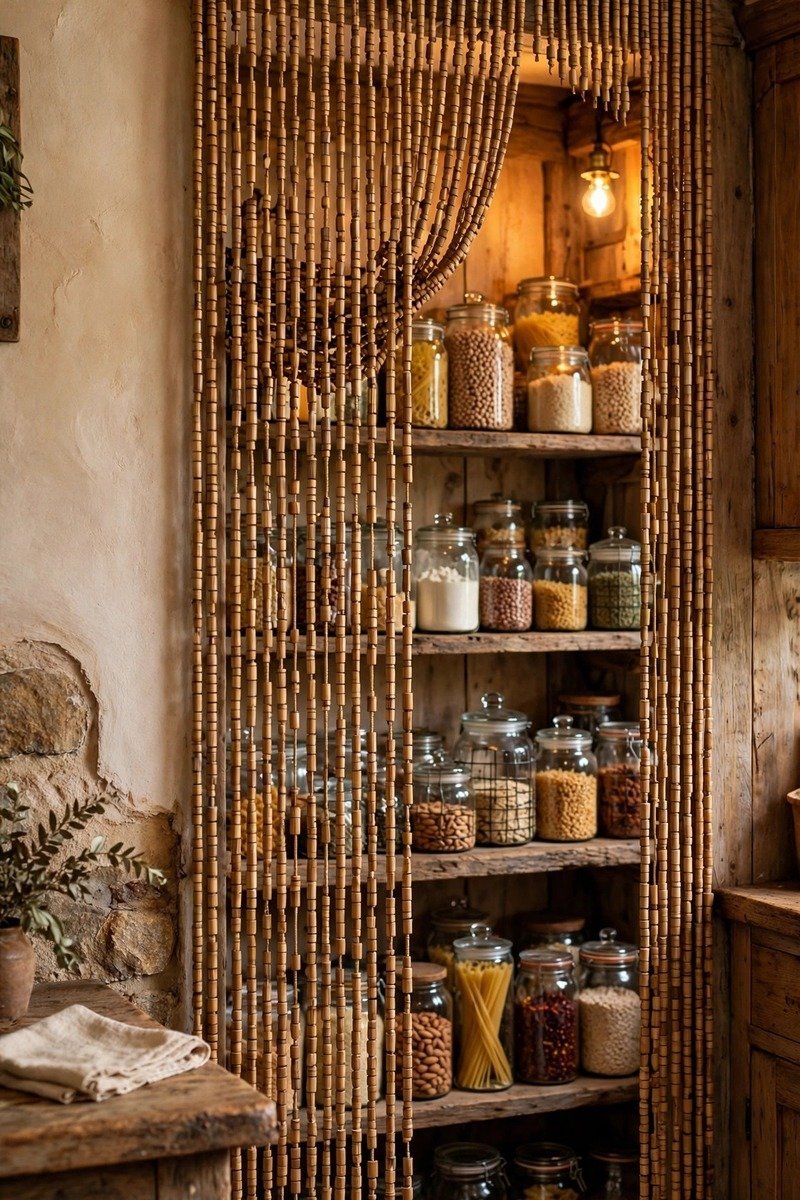 Kitchen pantry doorway covered with a bamboo beaded curtain