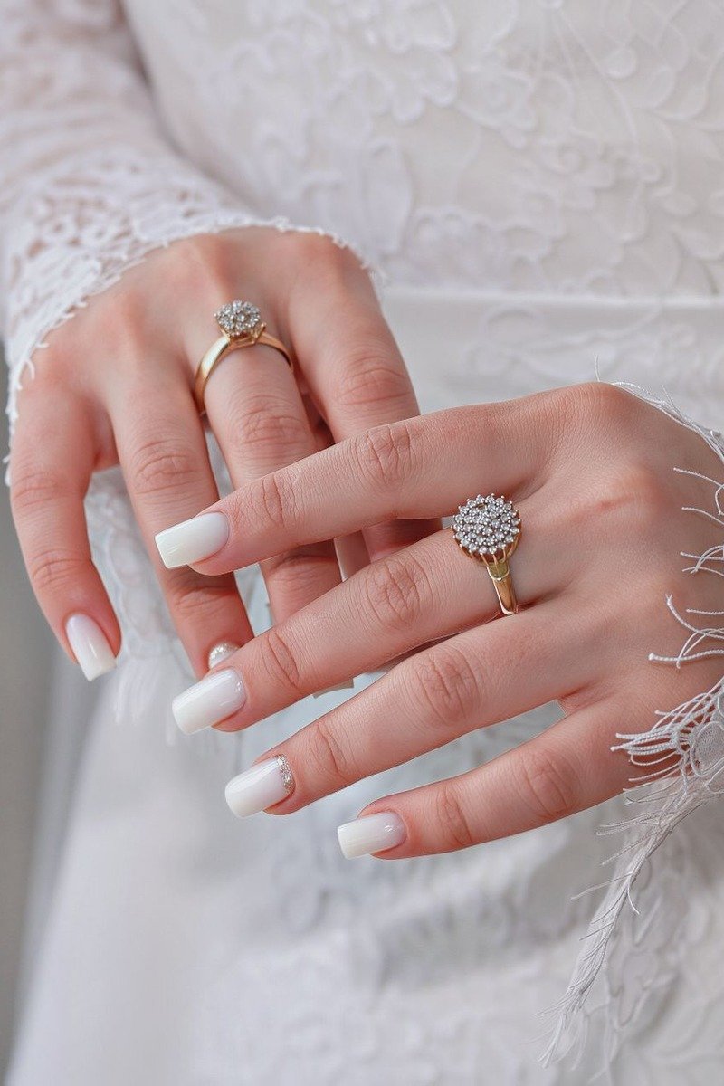 White and ivory bridal nails with delicate lace details