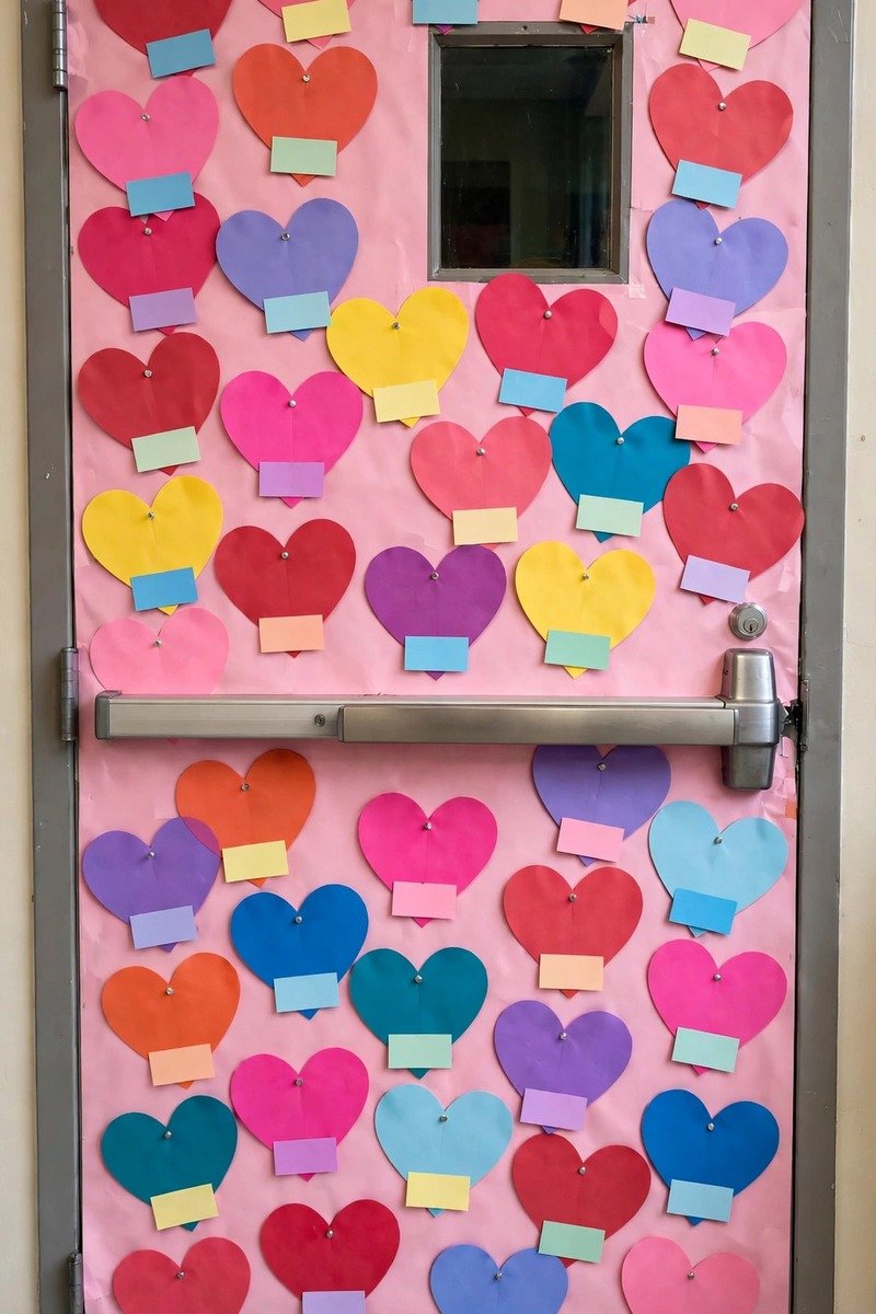 Classroom door covered with named hearts, one per student