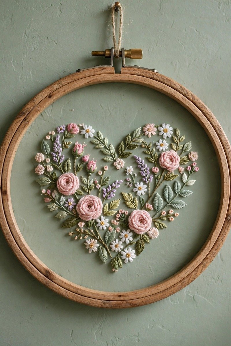 Embroidered floral heart in a wooden hoop frame
