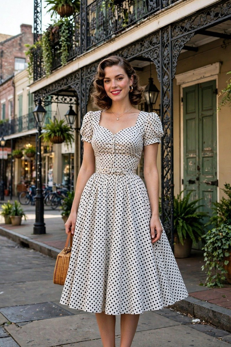 Woman in a vintage polka dot dress on a balcony street