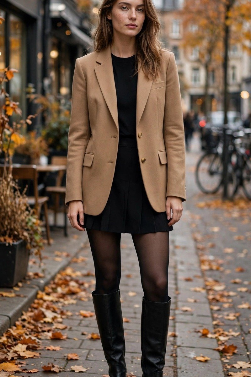 Tan blazer with black mini skirt, tights and knee-high boots