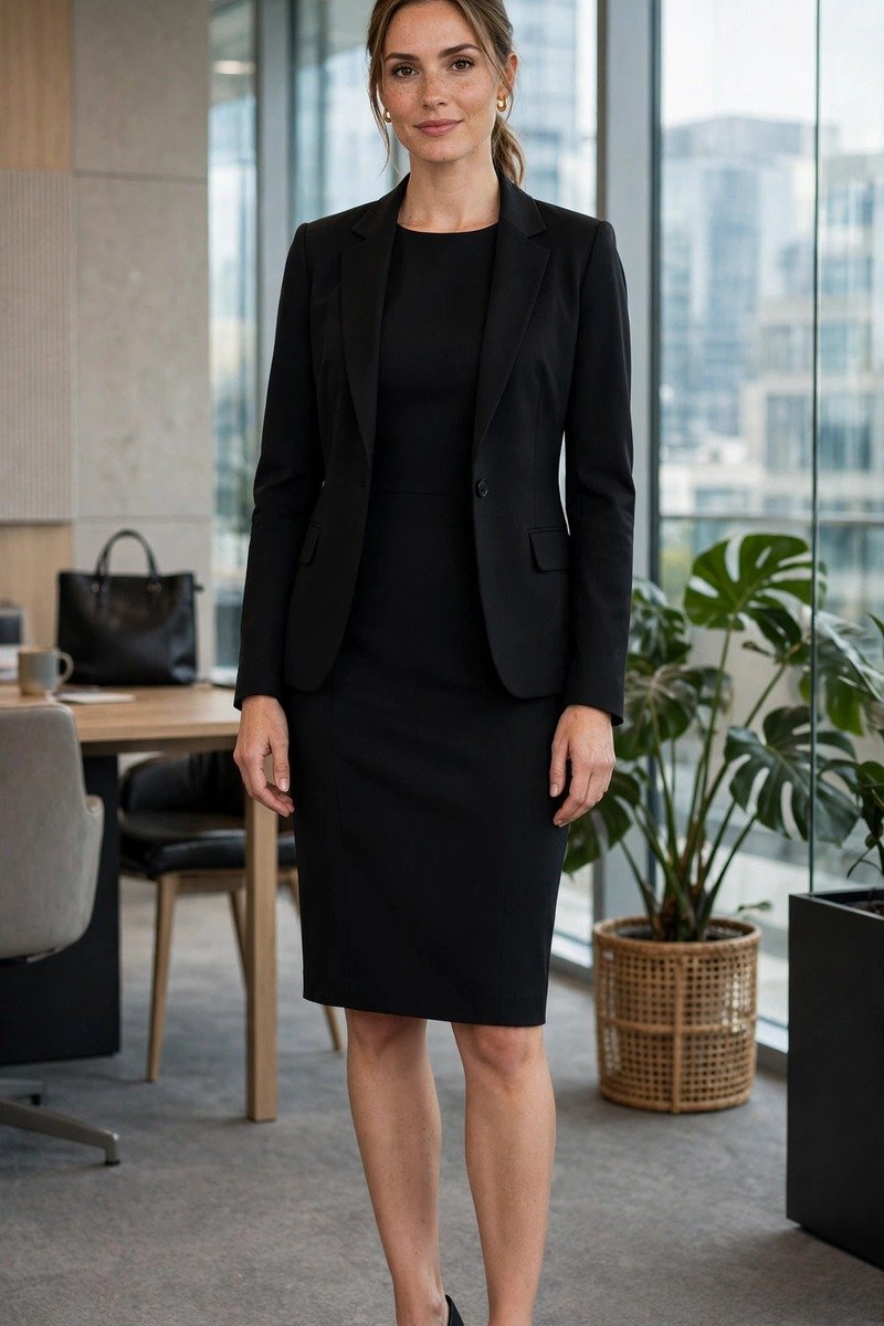 Woman in black sheath dress with blazer
