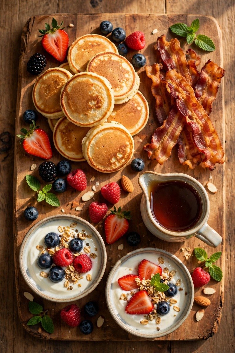 Breakfast charcuterie board with pancakes and berries