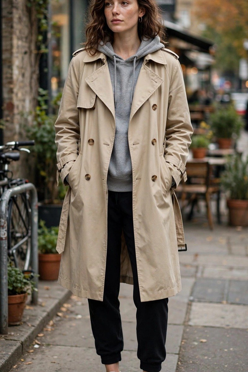 Woman in trench coat with hoodie and sneakers