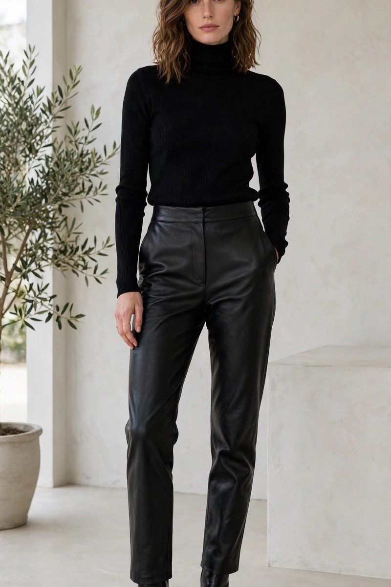 Woman in leather pants with black turtleneck